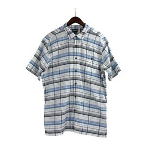 Patagonia Mens XL Organic Cotton Button Up Crepe Shirt Plaid Check Blue White